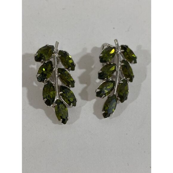 Vintage B David Signed Green Princess Cut Clip On Earrings Fern Leaf - Picture 2 of 6
